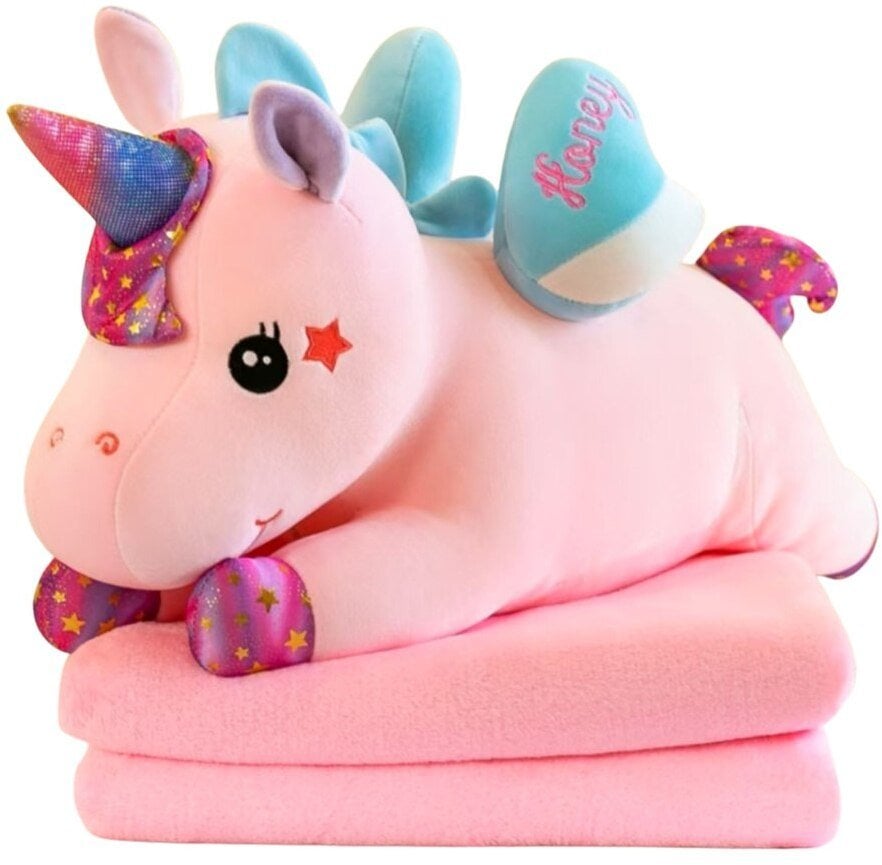Maskotka Przytulanka Pluszowy Jednorożec Z Kocem 160 x 110 cm Różowy 55cm