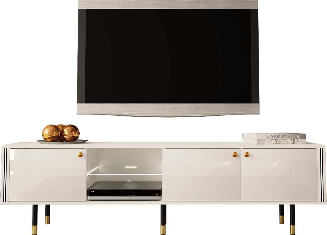 MEGSTYL SZAFKA RTV Z ZŁOTYMI ZDOBIENIAMI - CRISTAL 3 biały mat - biały połysk