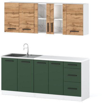 Kuchnia Mała Rest 2.0m Pojemna Nowoczesna Blat Biała Wotan Butelkowa Zieleń