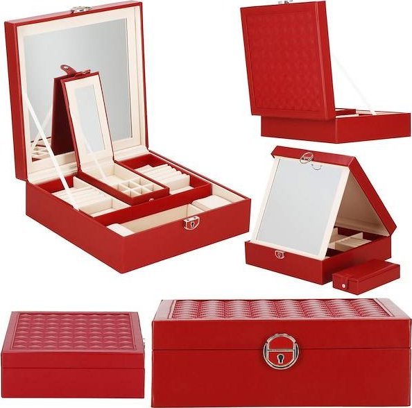 Springos Szkatułka na biżuterię ekoskóra 25x25x8,5 cm bordowy organizer z przegródkami UNIWERSALNY