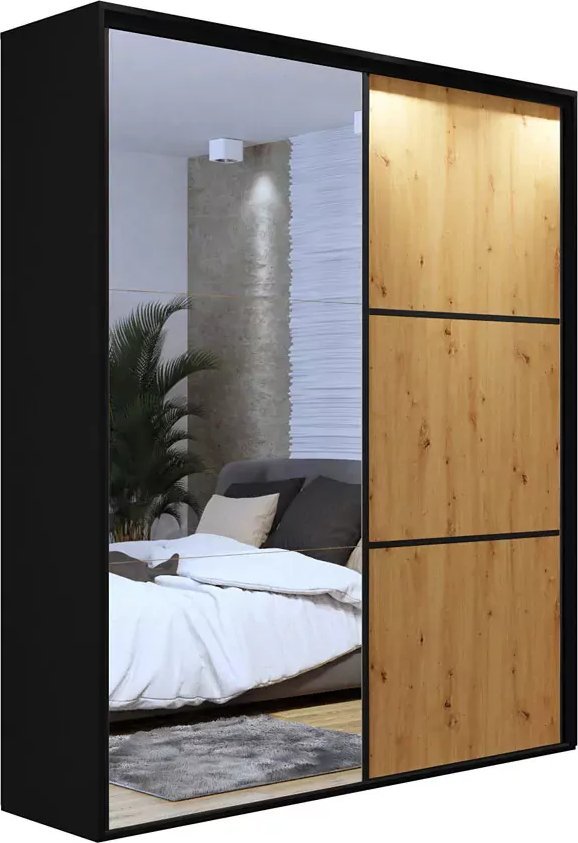 Elior Szafa przesuwna z lustrem czarny + dąb artisan + szprosy - Savona 3X