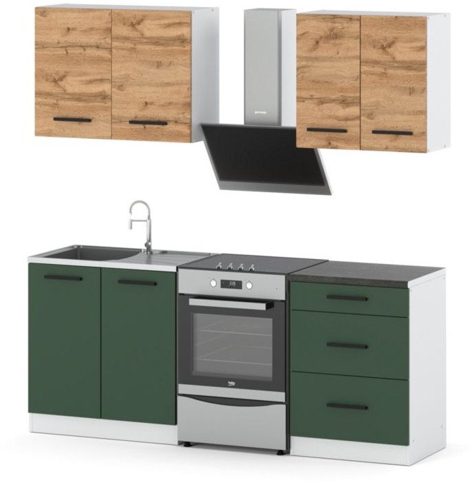 Zestaw kuchenny modułowy z blatem mały 2m biały wotan butelkowa zieleń
