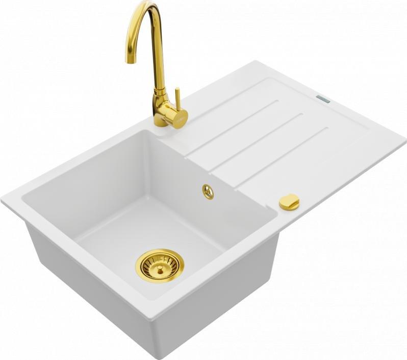 Mexen Mexen Bruno zlewozmywak granitowy 1-komorowy z ociekaczem i baterią kuchenną Telma, biały - 6513-20-670200-50