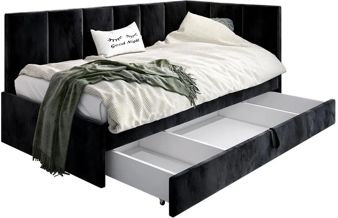 Łóżko młodzieżowe AURA 2 100x200 czarne z tapicerowanym panelem L i szufladą MKPOL