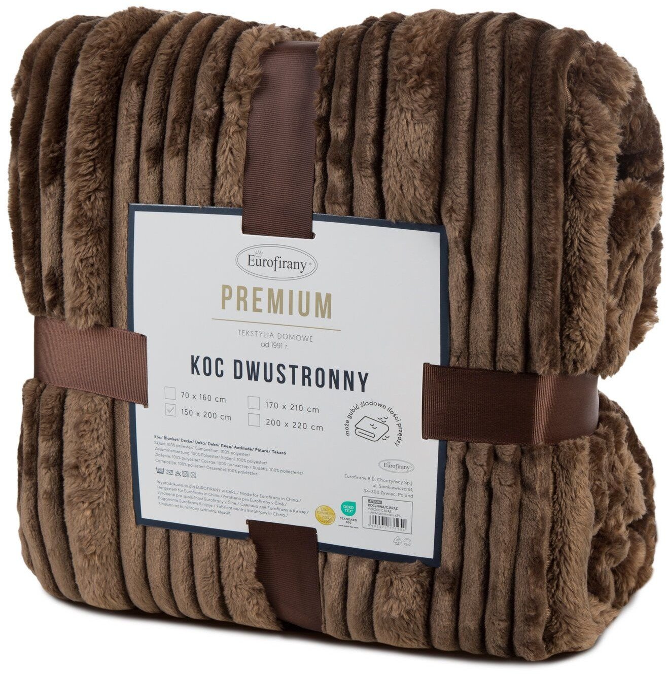 Koc 150x200 NINA c. brązowy flanelowy miękki ciepły i puszysty efekt 3D