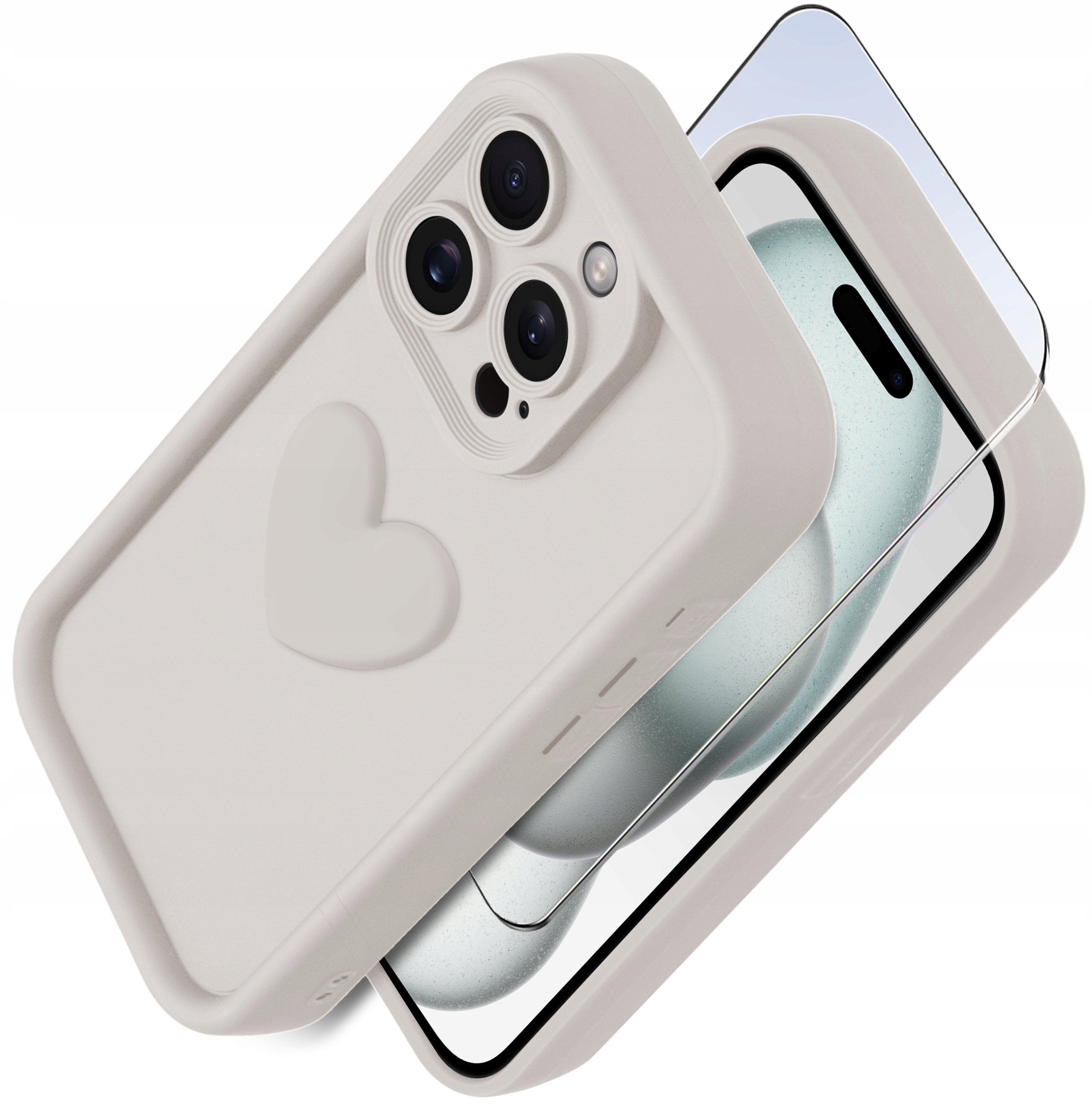 Etui do iPhone 15 Pro silikonowe MATOWE serce + Szkło ochronne na ekran 9H