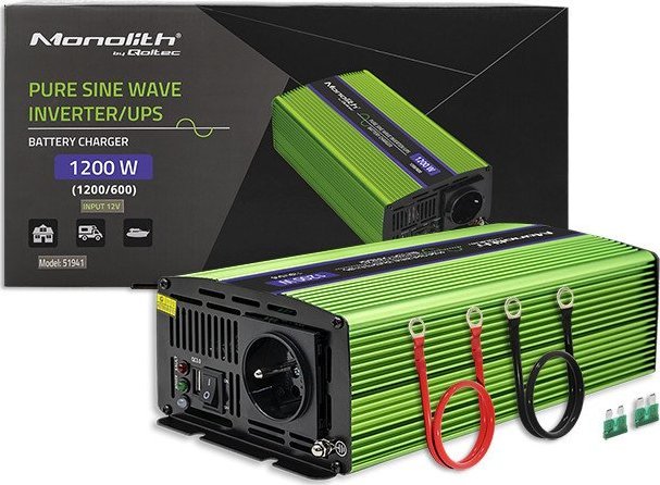 Przetwornica Qoltec Przetwornica napięcia Monilith | ładowanie baterii | UPS | 600W |1200W | 12V na 230V | Czysty Sinus