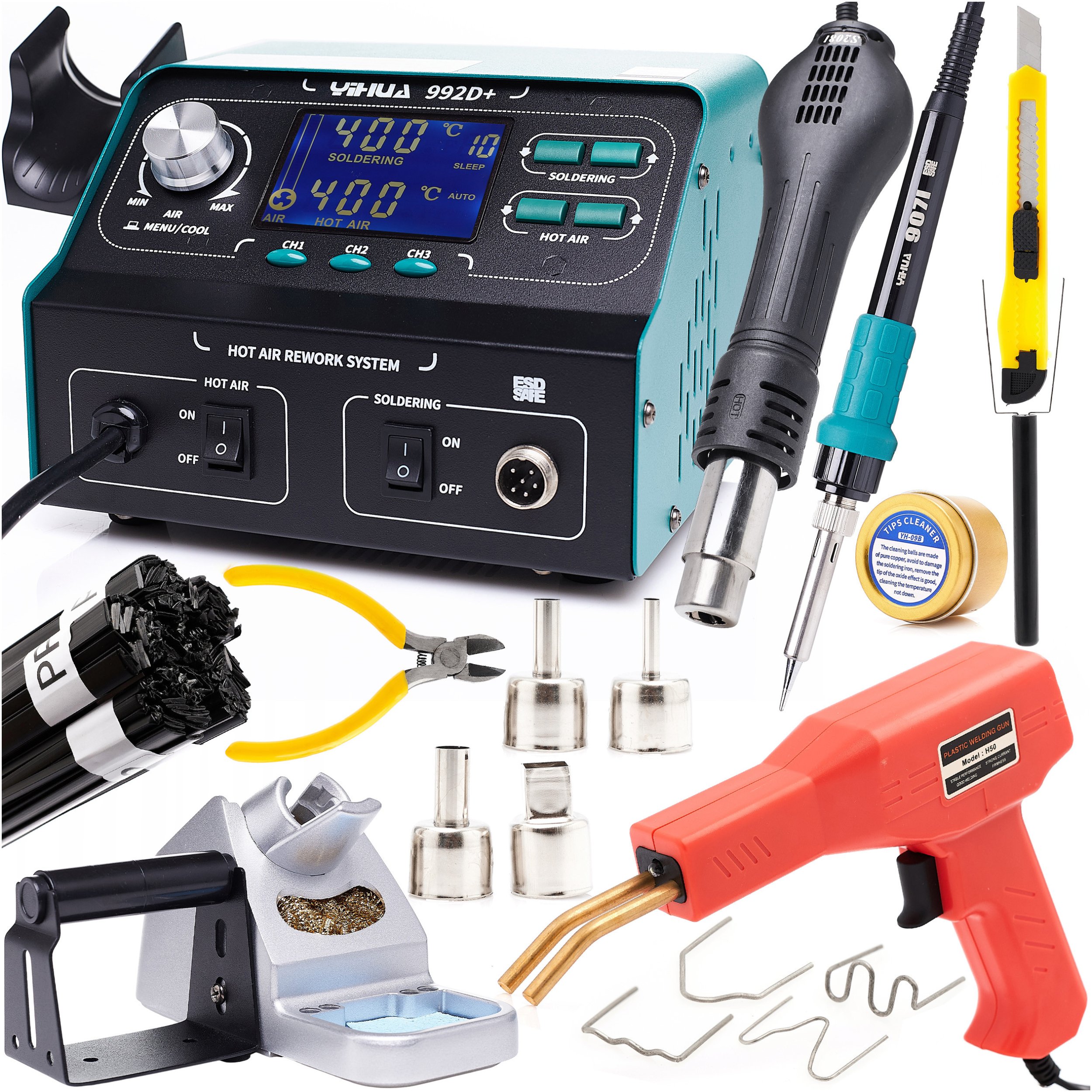 Spawarka Plastiku 2w1 Lutownica Yihua 992D+ Zszywacz H50 Zszywki Akcesoria