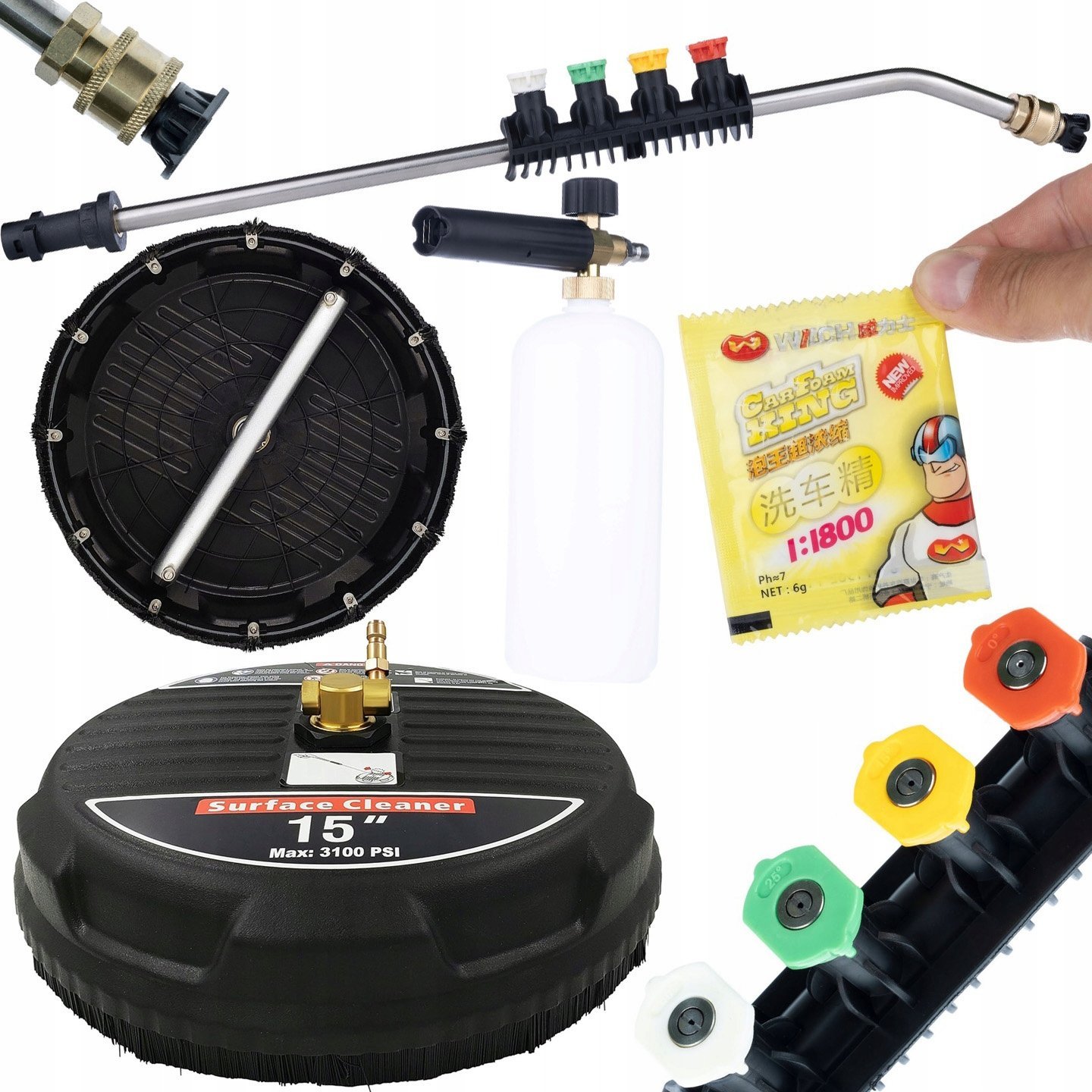 Rosfix Rosfix szczotka do kostki T-Racer 1+ Lanca do myjki ciśnieniowej 1/4" zagięta 15+5 dysz oraz uchwytem+Pianownica 1000ML+Proszek pianotwórczy do