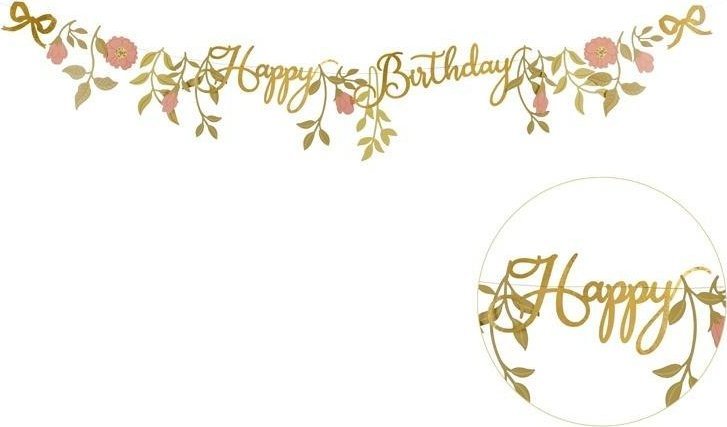Baner Happy Birthday kwiaty różowo złote 1.3m