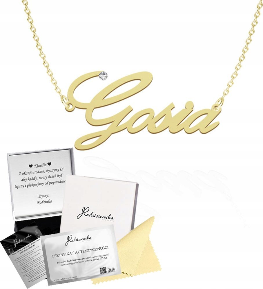 Radziszewska Jewellery Złoty Naszyjnik z Imieniem Gosia Łańcuszek SREBRO 925 Prezent DEDYKACJA