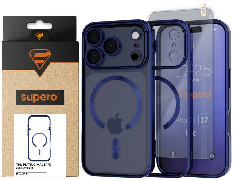 Etui Supero Tpuplating MagSafe do iPhone 17 Pro, niebiesko-przezroczyste + szkło