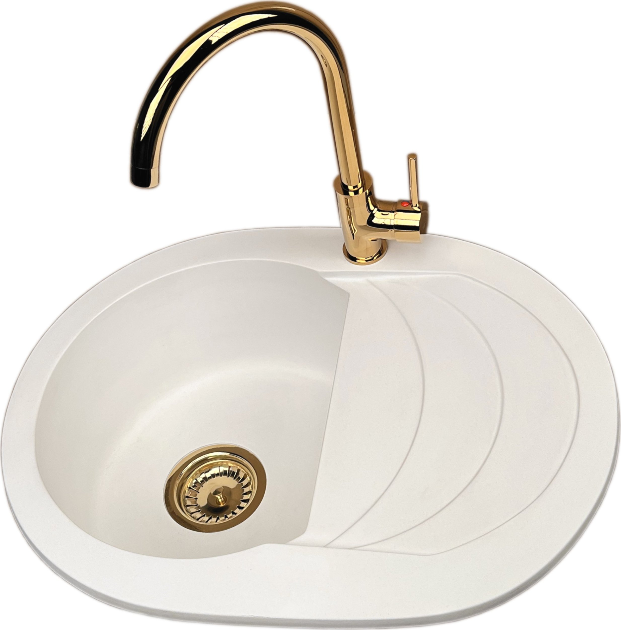 Zlewozmywak PREHNIT Zlewozmywak jednokomorowy z ociekaczem VIGOR biały z prawym ociekaczem + bateria VERVO złota