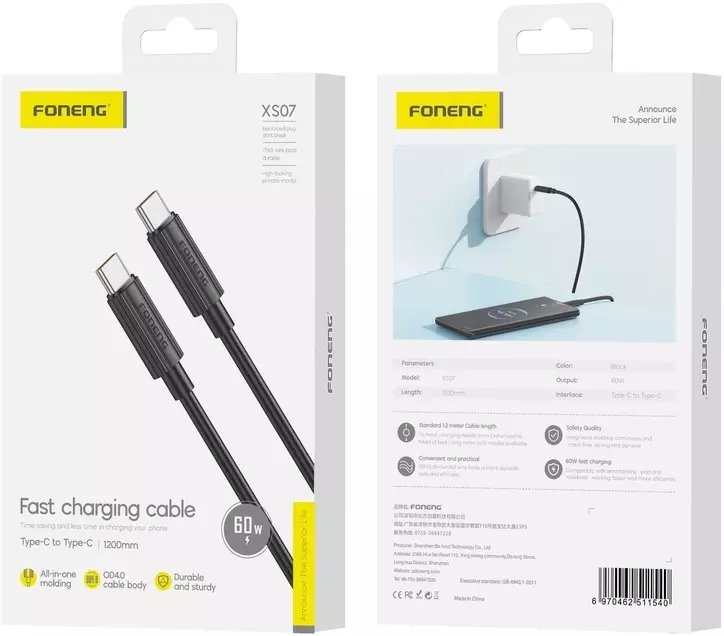 FONENG kabel XS07 USB-C - USB-C PD 60W 1.2M Czarny standard