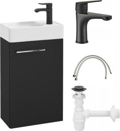 Deftrans Szafka łazienkowa z umywalką czarna + bateria + syfon 40 Small