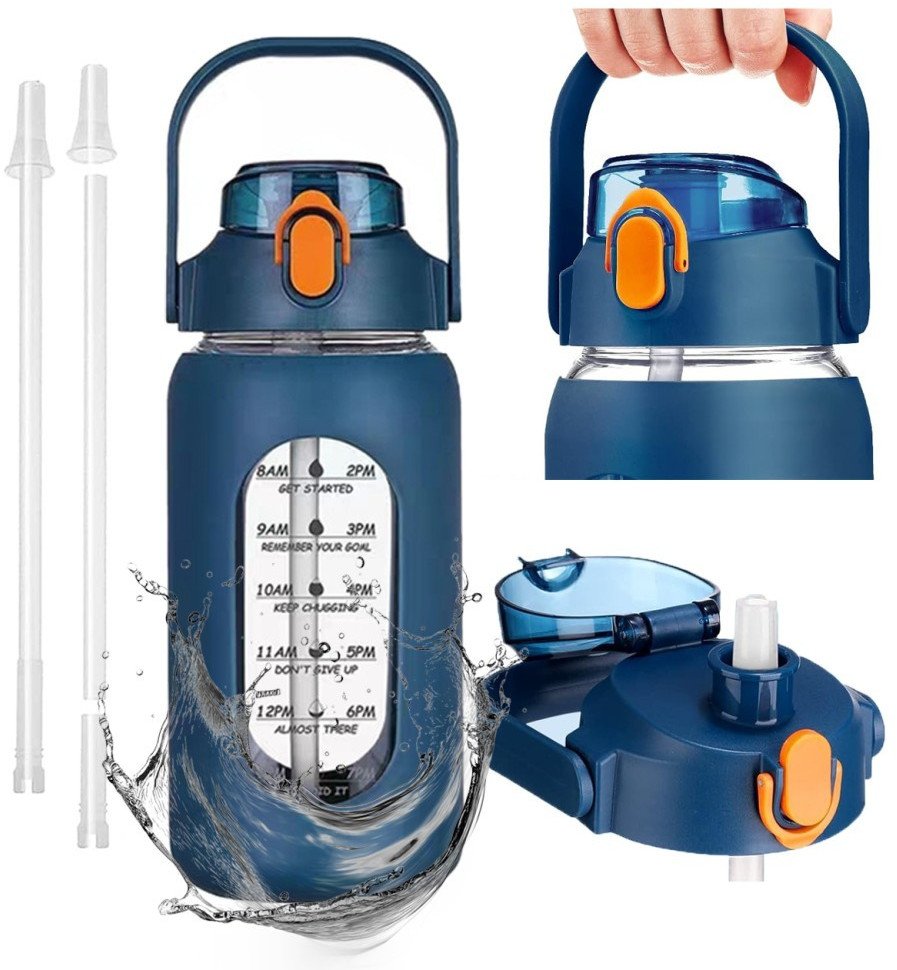 Szklana butelka na wodę 950 ml ze słomką Supero, niebieska