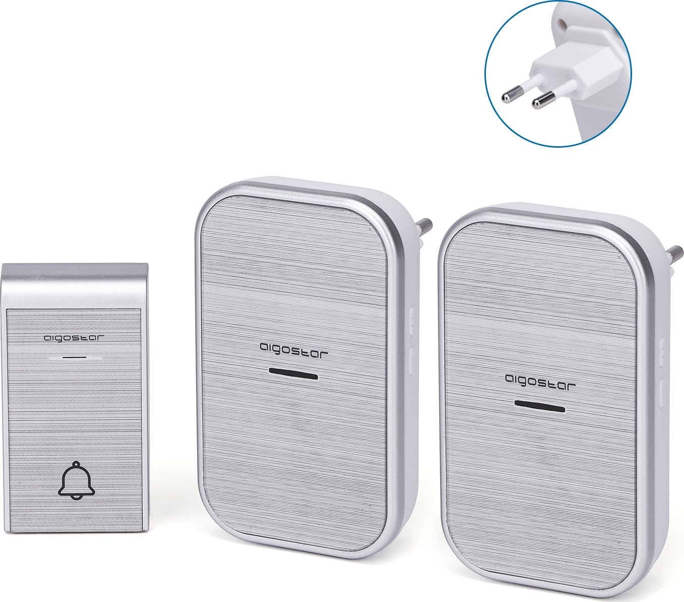 Aigostar Bezprzewodowy dzwonek do drzwi na prąd 1 nadajnik, 2 odbiorniki Bezprzewodowy cyfrowy dzwonek do drzwi na prąd zmienny 1 nadajnik, 2