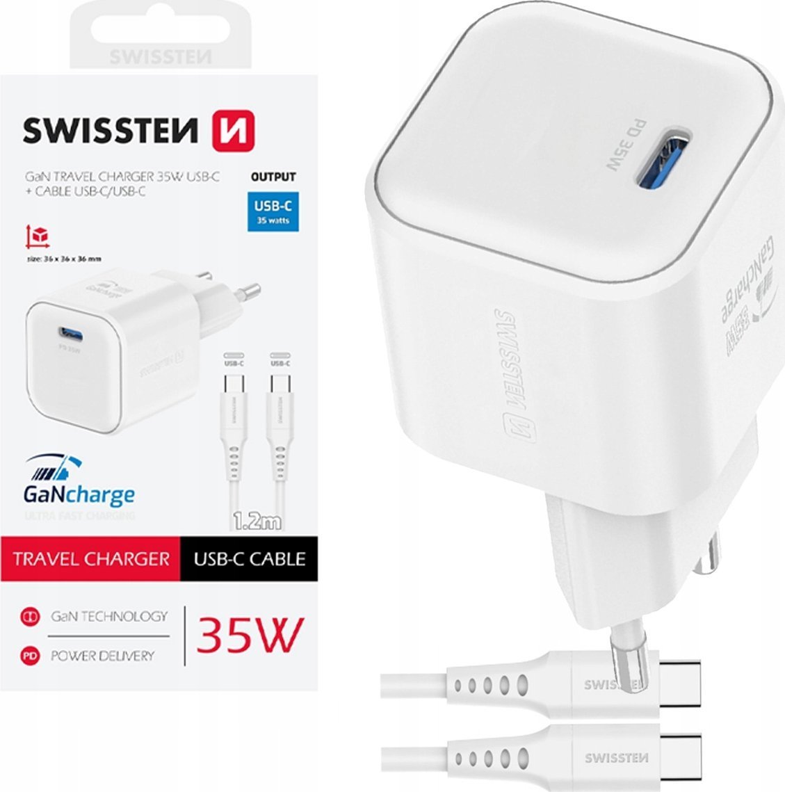 Swissten Travel Charger GaN USB-C 35W PD + Data Cable USB-C - USB-C 1.2m