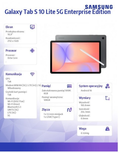 samsung Tablet Galaxy Tab S 10 Lite X400 10.9 cala 5G 6/128GB Enterprise Edition szary