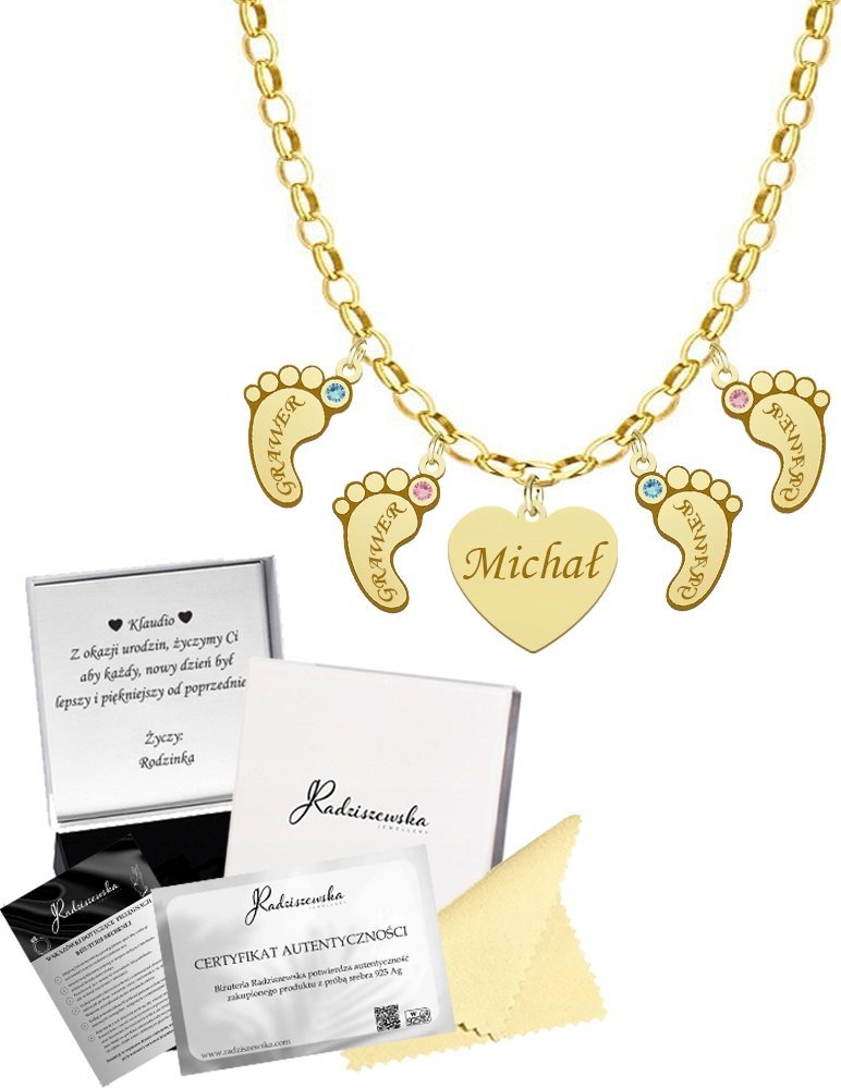Radziszewska Jewellery Złoty Naszyjnik ze Stópkami Serce Łańcuszek Dzień Mamy Prezent GRAWER 925