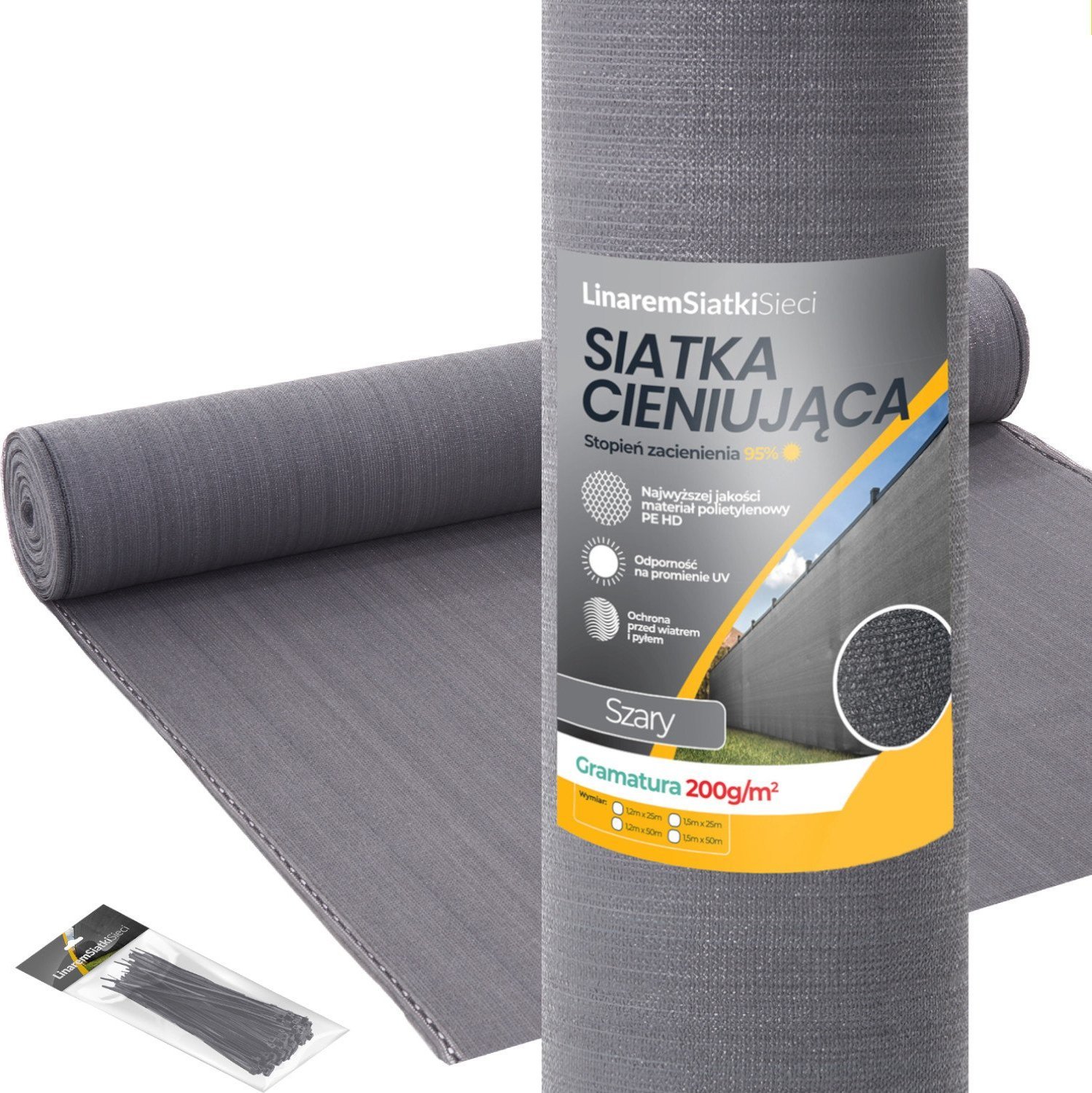Linarem SiatkiSieci SIATKA CIENIUJĄCA 95% MASKUJĄCA 1,2x25m OSŁONA NA PŁOT OGRODZENIE SZARA +UV
