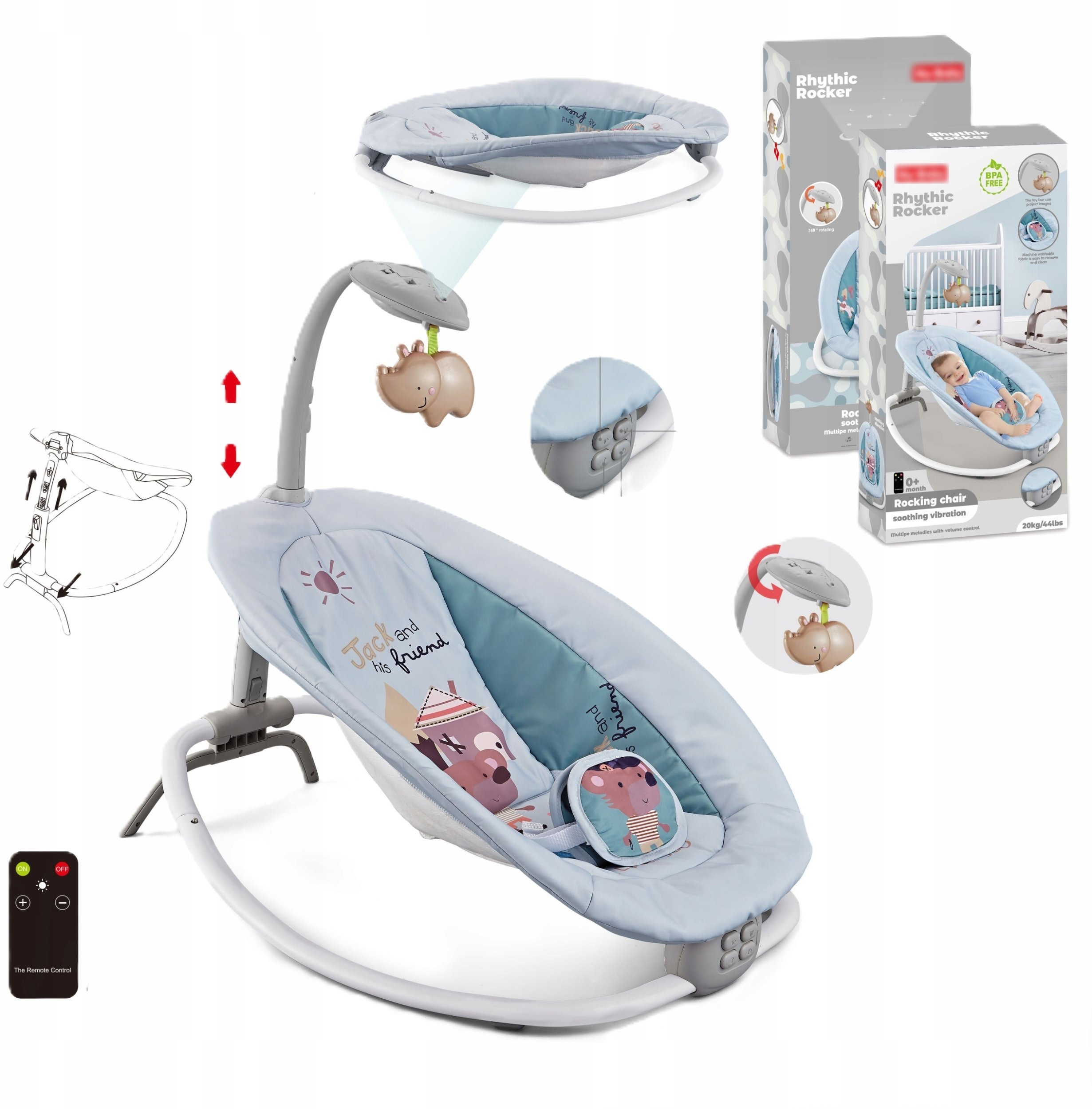 Bounn Leżaczek bujaczek 2w1 szary z projektorem