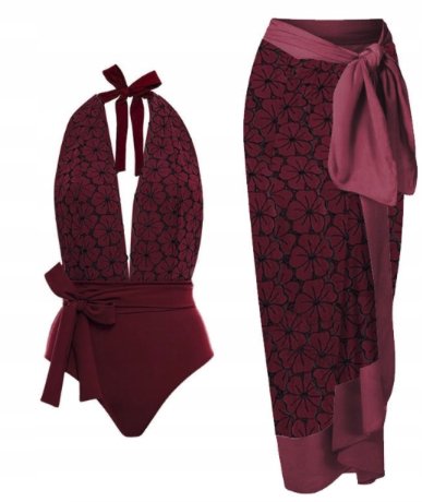 Jednoczęściowy strój kąpielowy z kwiatami i szyfonową spódnicą S