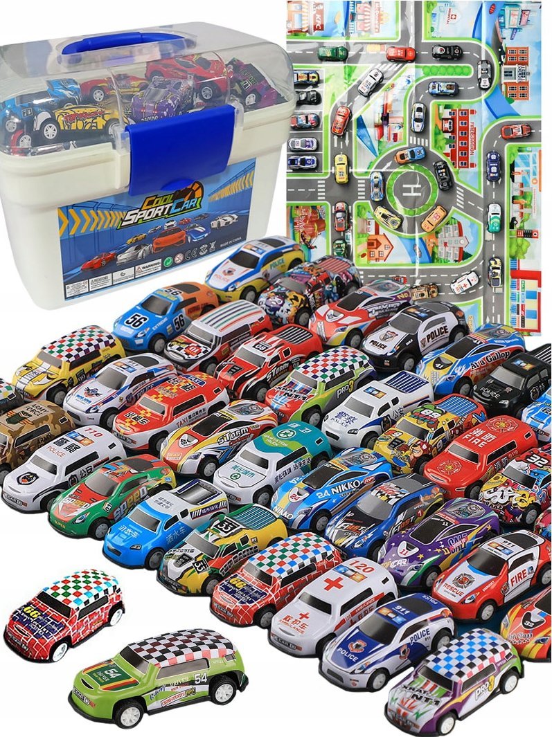 Duży Zestaw Samochodów Wyścigowych Resoraki Metalowe Autka + Kuferek Mapa