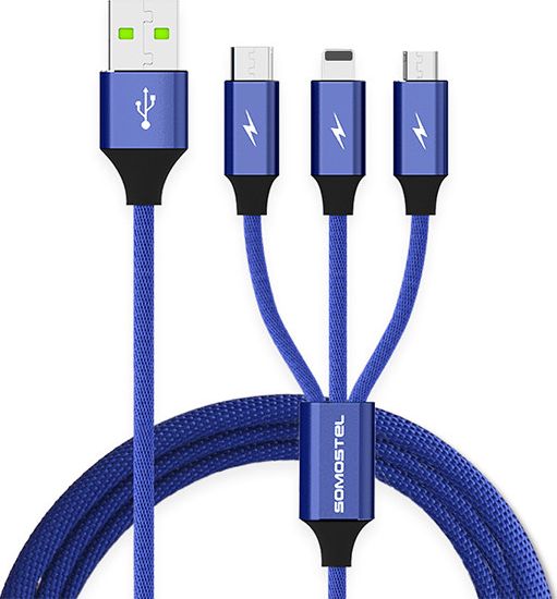 Kabel USB Somostel USB-A - USB-C + microUSB + Lightning 1.2 m Niebieski (25718)
