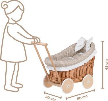 WickerPL LUNA WÓZEK WIKLINOWY DLA LALEK Z OBSZYCIEM BEŻOWYM 60X30 H45 CM