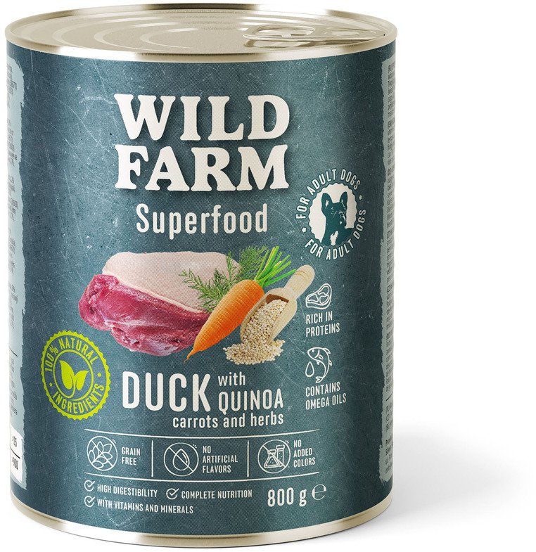 WILD FARM Superfood Duck (Kaczka z komosą ryżową, marchewką i ziołami) 800g bezzbożowa karma dla psa