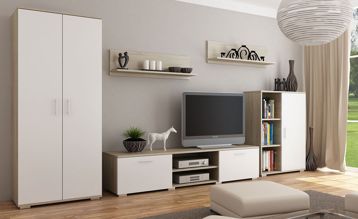 Elior Meblościanka Pixelo 4X - biała + dąb sonoma