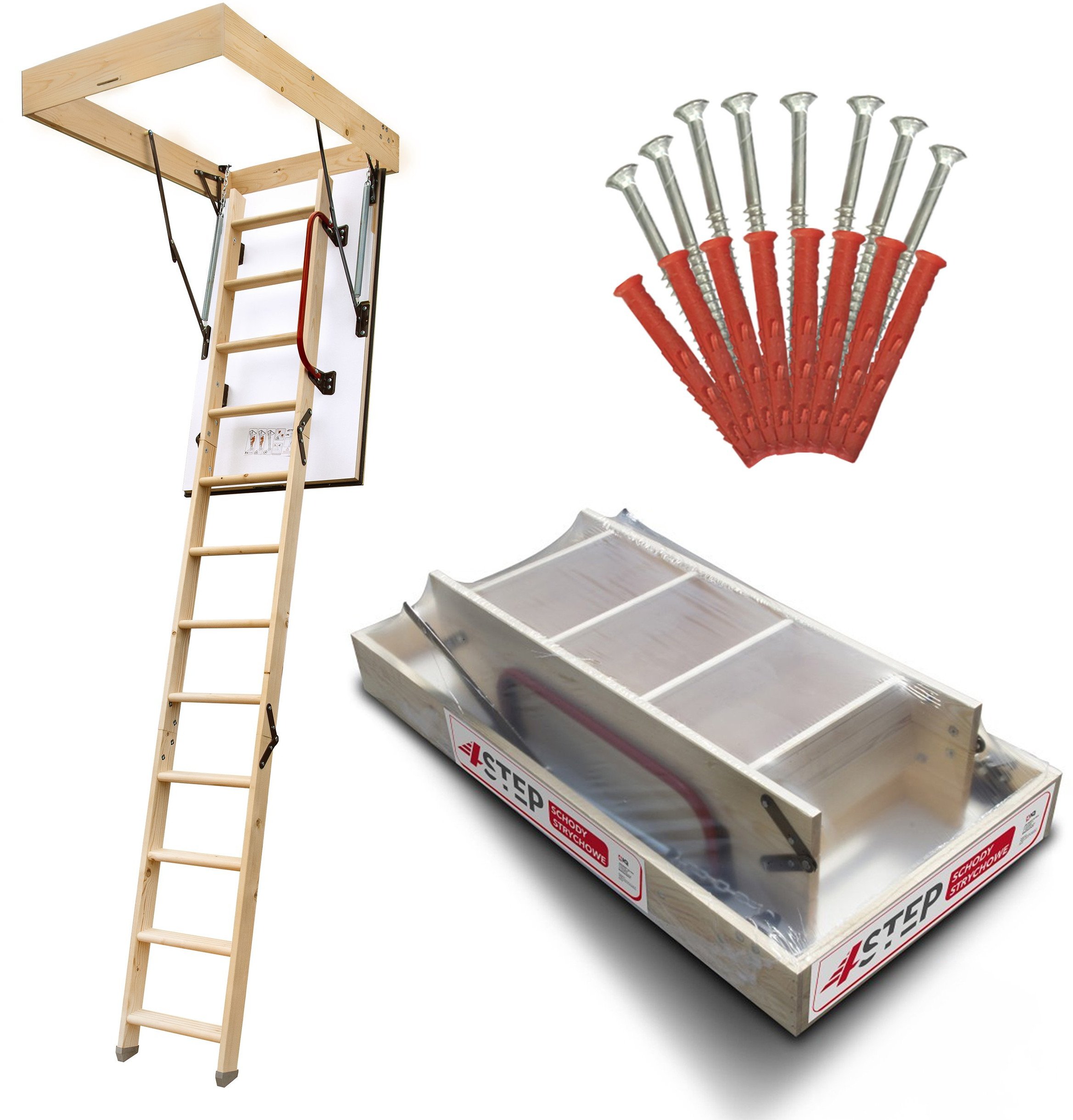 Drewniane schody strychowe EXTRA 112X70 46 mm w zestawie z wkrętami do betonu