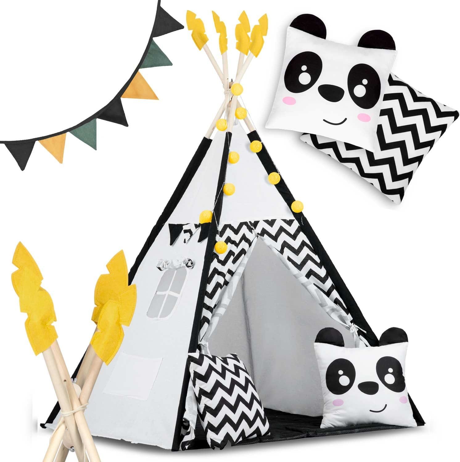 Nukido Namiot tipi dla dzieci z girlandą i światełkami Nukido biało czarny z pandą