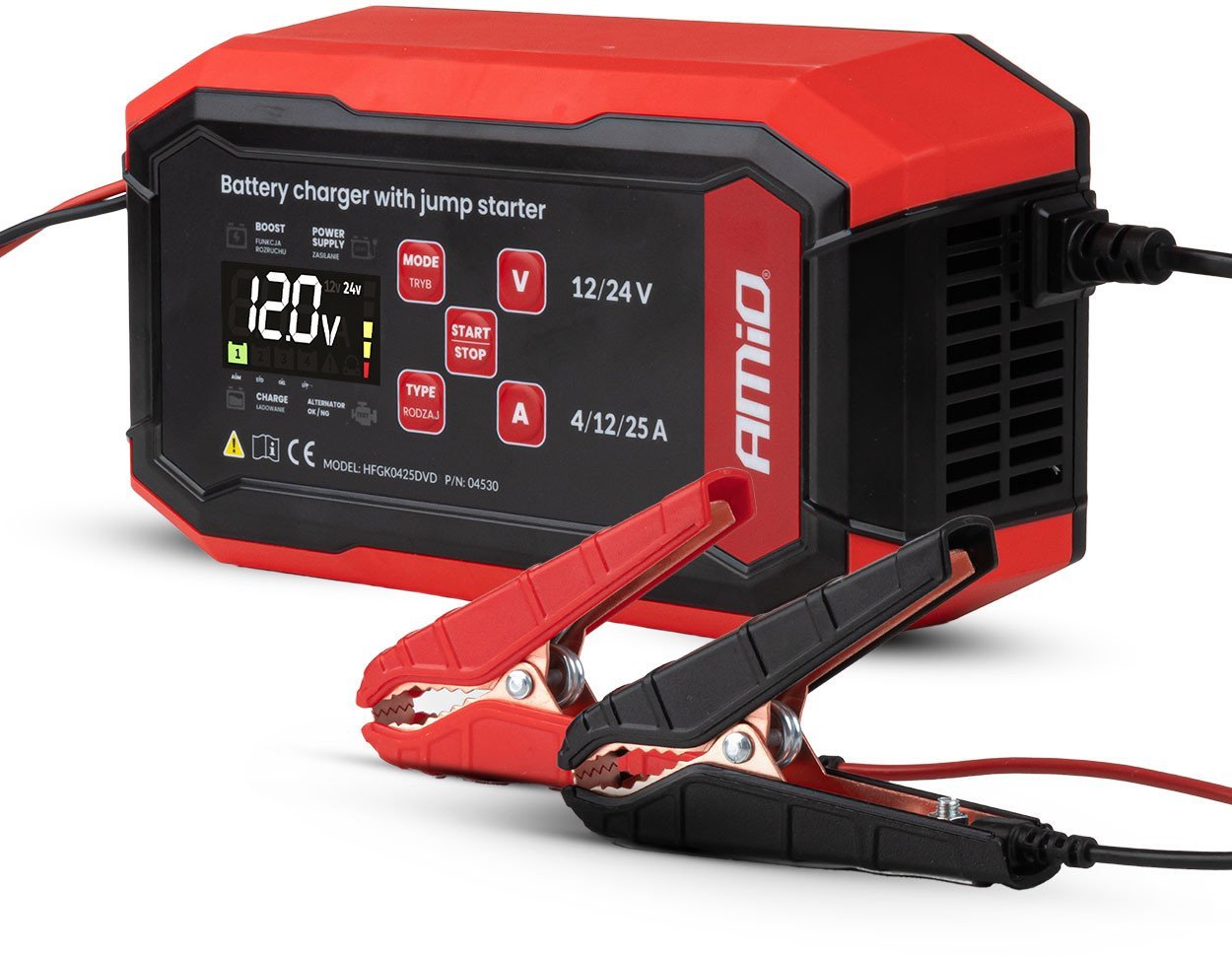 Prostownik cyfrowy z wspomaganiem rozruchu agm gel std lfp max 25a 12v 24v pro amio-04530