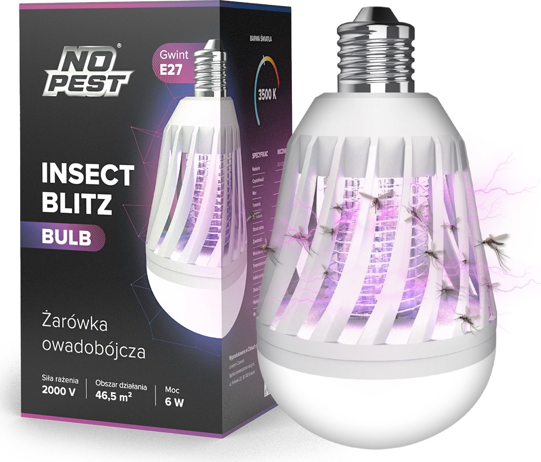 NO PEST Lampa Żarówka Owadobójcza Insect Bulb Lampa na Komary Muchy Meszki Ćmy Mole Osy i Inne Owady