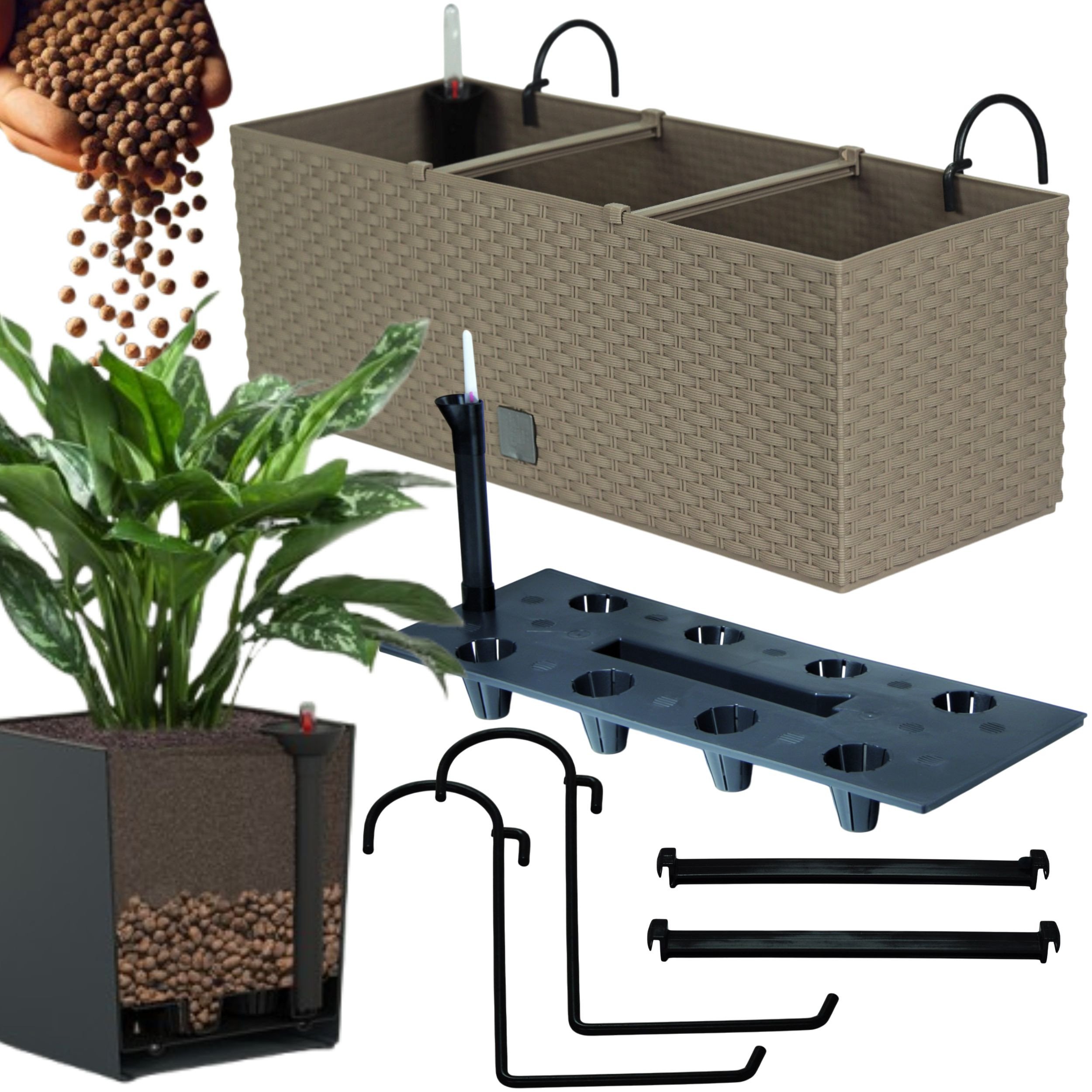 Doniczka balkonowa 51cm + uchwyty / haki, nawadniacz Skrzynka na balkon + keramzyt 2l