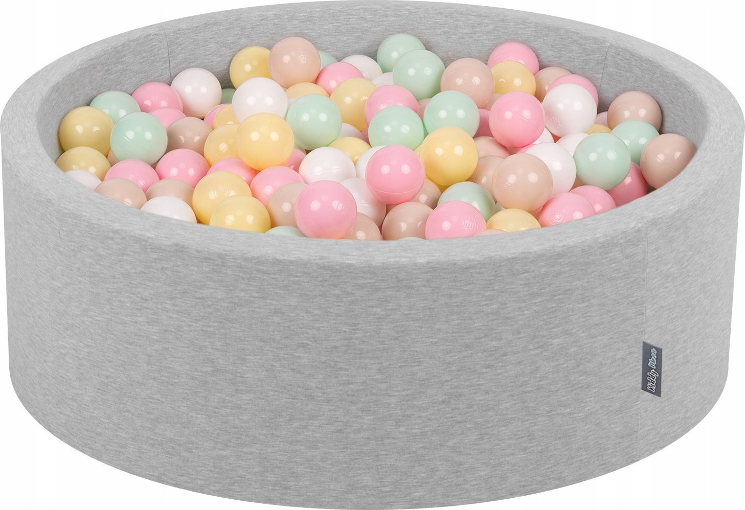 KiddyMoon Suchy basen okrągły z piłeczkami 7cm jasnoszary: pastelowy beż-pastelowy żółty-biały-mięta-pudrowy róż 90x30cm/200piłek Zabawka basen pianko