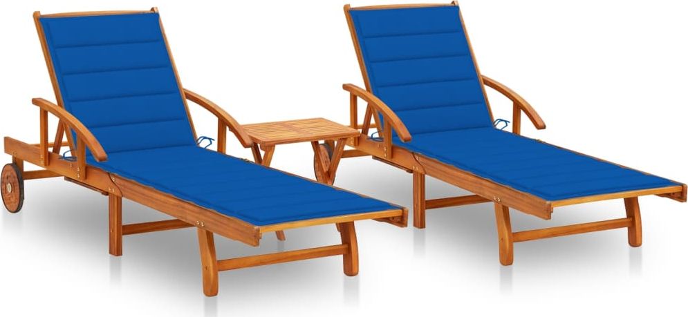 vidaXL Leżaki z poduszkami i stolikiem, 2 szt., lite drewno akacjowe