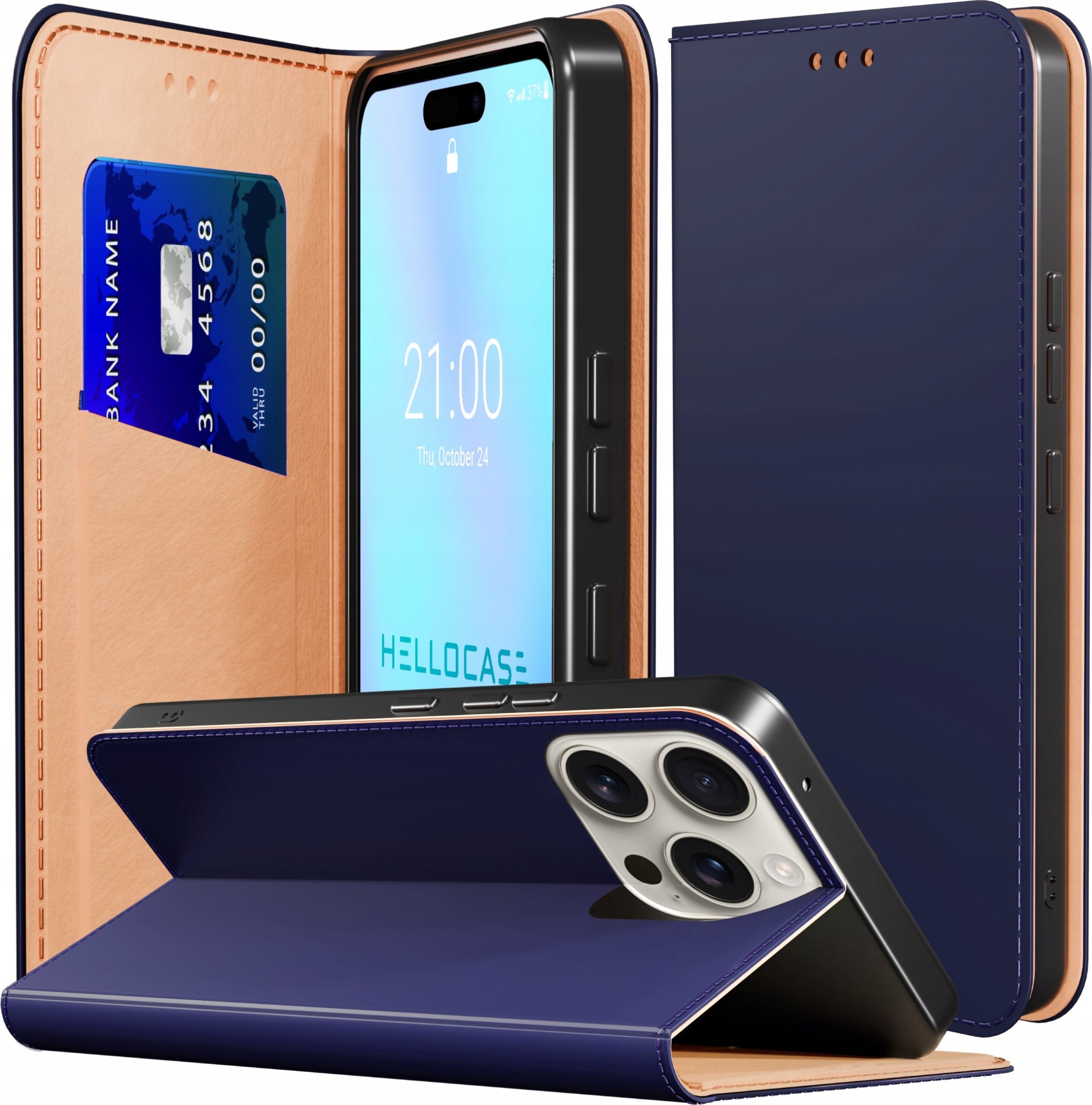 Etui z Klapką do Apple iPhone 16 Pro (Skórzane, Zamykane, Granatowe, Case)
