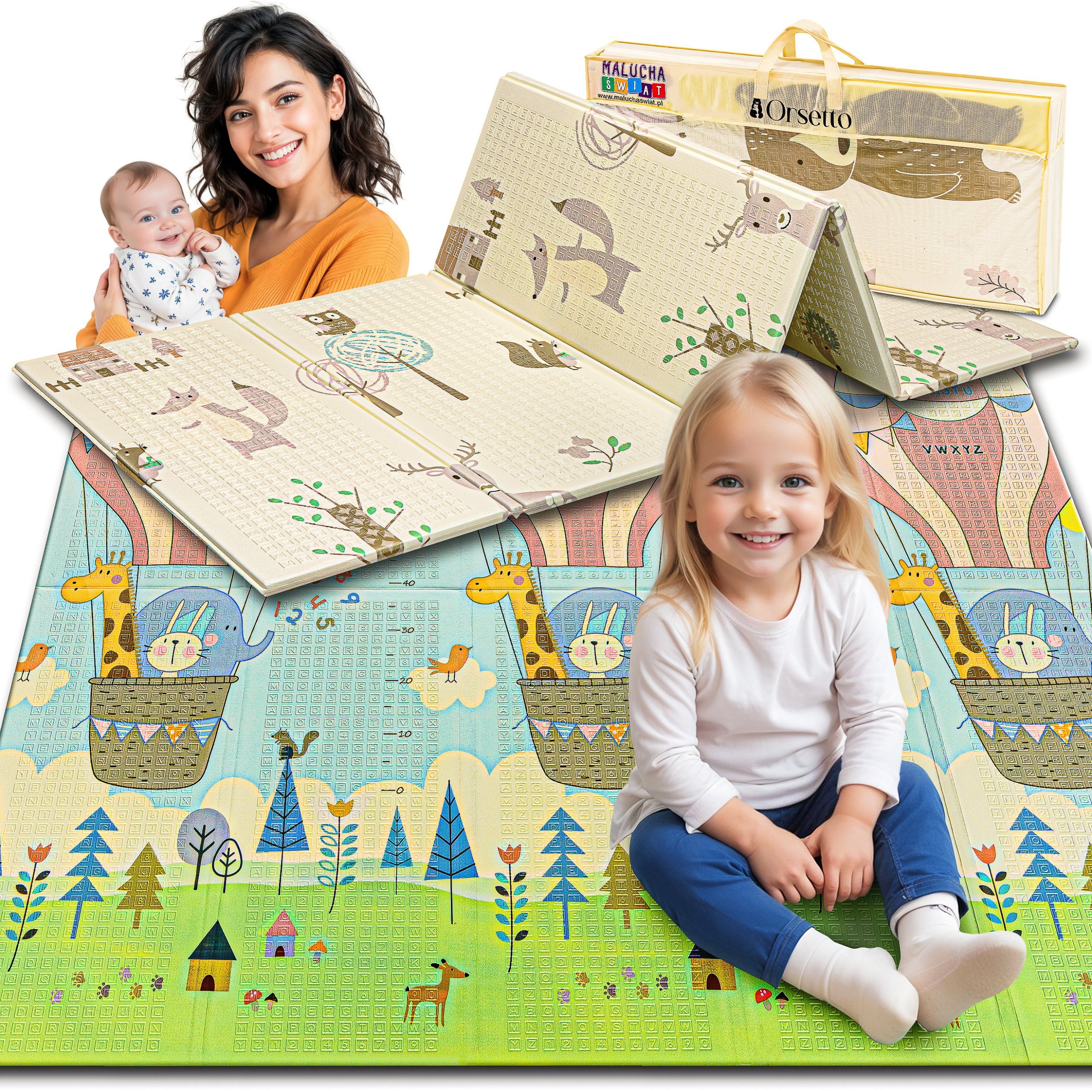 MATA PIANKOWA EDUKACYJNA SKŁADANA DLA DZIECI DUŻA MISIE BALONY 180x200