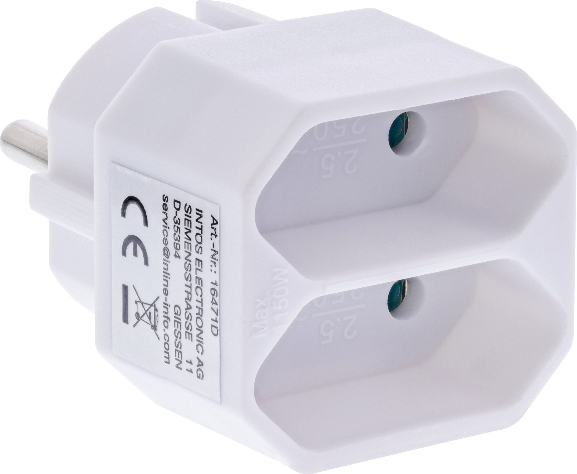 InLine® Steckdosenadapter, Schutzkontakt Stecker an 2x Eurobuchse, weiß