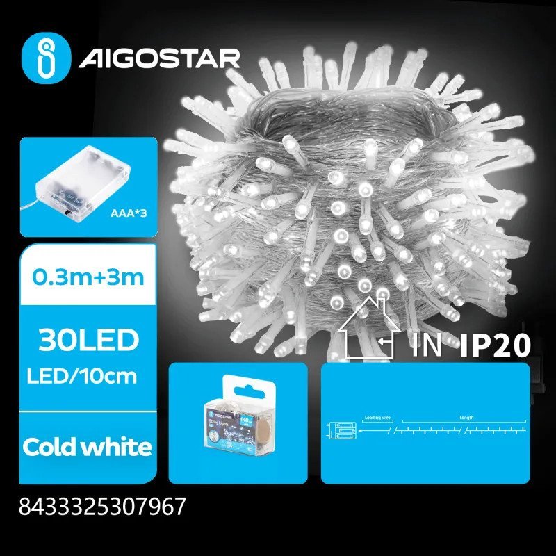 Lampki choinkowe Aigostar Lampki choinkowe na 3 baterie AA, Zimna biel, 3m Płaska taśma świetlna na 3 baterie AA, Zimna biel, 3m