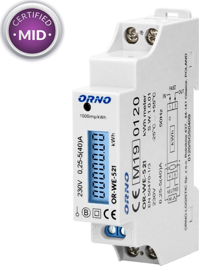 Orno ORNO 1-fazowy licznik energii elektrycznej, 40A, MID, wyjście impulsowe, podświetlenie, 1 moduł OR-WE-521