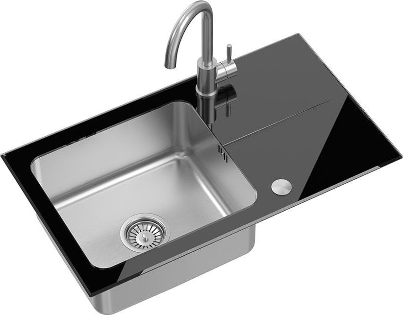 Zlewozmywak Steiner HUGH 111 komora stalowa z czarnym blatem szklanym z syfonem i zaślepką (770x440/R35) + KATE SteelQ stalowa bateria kuchenna stal s