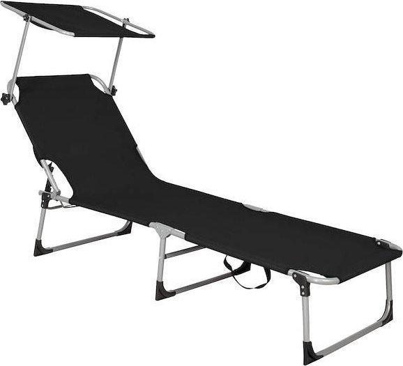 Springos Leżak składany czarny, leżanka ogrodowa z zagłówkiem i daszkiem UNIWERSALNY