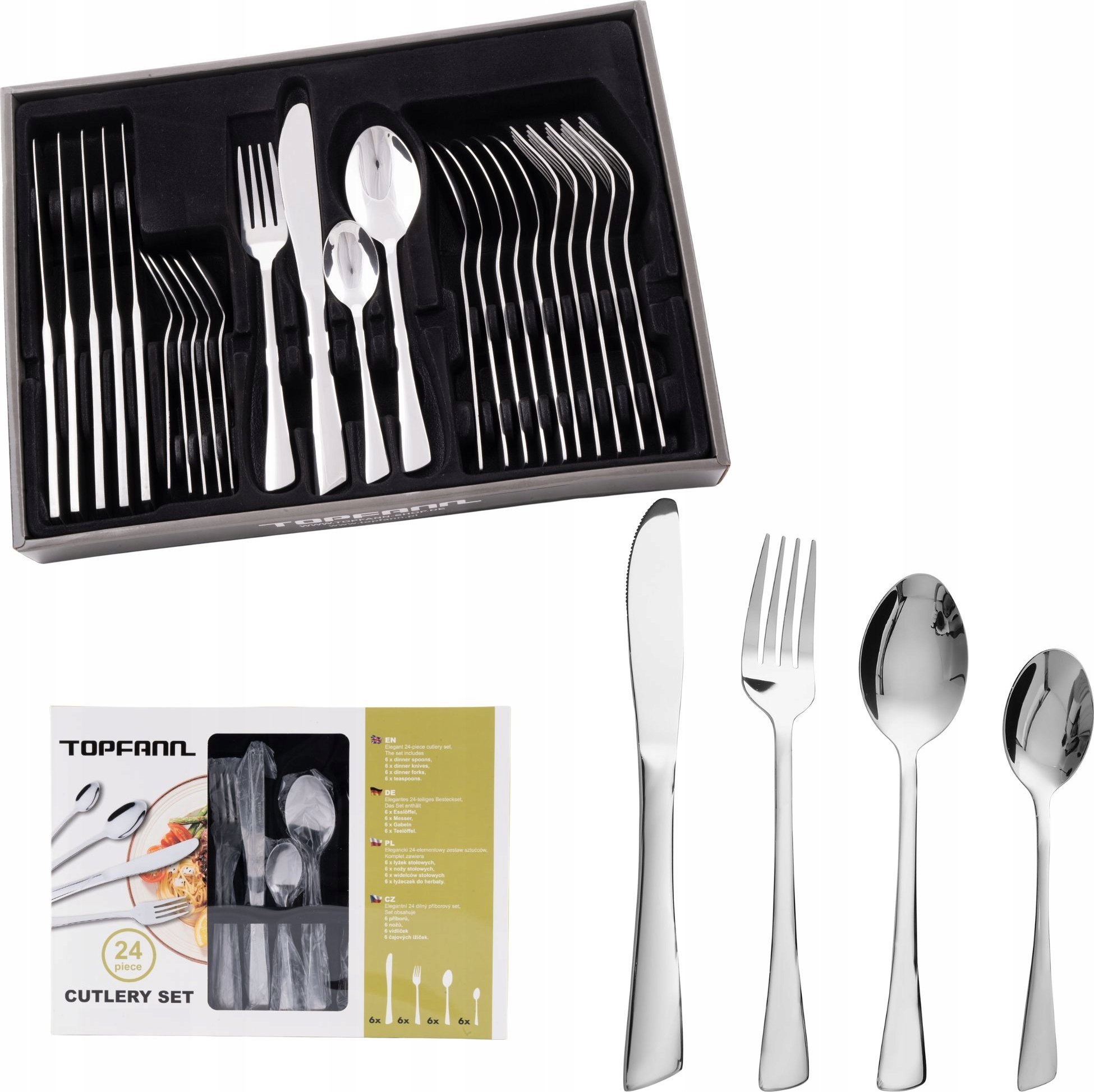Topfann ZESTAW SZTUĆCÓW 24 EL STAL NIERDZEWNA KOMPLET 6 OS PUDEŁKO SZTUĆCE SREBRNE