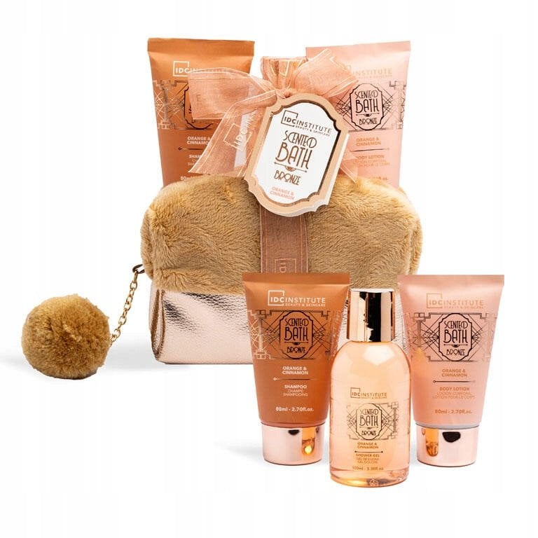 Rinkinys Idc Institute Scented Bath Bronze moterims: dušo želė, 100 ml + kūno losjonas, 80 ml + šampūnas, 80 ml + kosmetinė, 1 vnt.