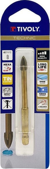 Wiertło Tivoly Tivoly Stiklo ir keramikos plytelių grąžtas, keturių briaunų, 1/4" HEX kotelis, Ø8mm