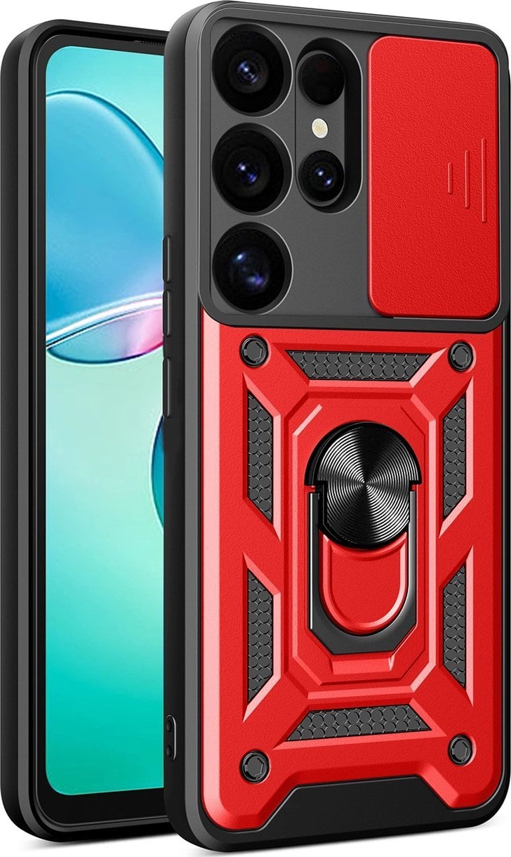 Etui pancerne Hybrid Armor Camshield z osłoną aparatu i metalowym ringiem do Samsung Galaxy S25 Ultra - czerwone
